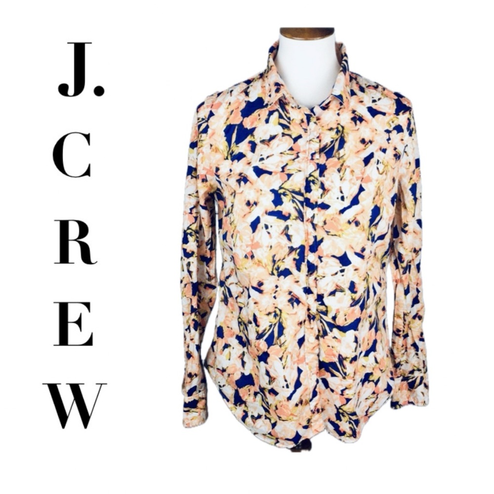 J CREW Floral The Perfect Shirt SIZE MEDIUM Blue Coral Pink